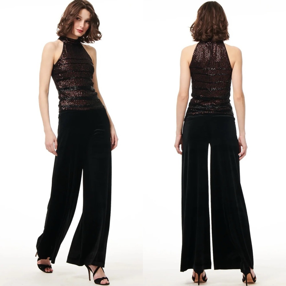 EMILY SHALANT BLACK STRETCH VELVET PULL ON WIDE LEG TROUSER PANTS
